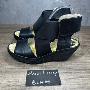 Fly London~Women’s~”Yuba” Black Lthr Ankle Strappy Wedge Sandals~Size 37/6-6.5